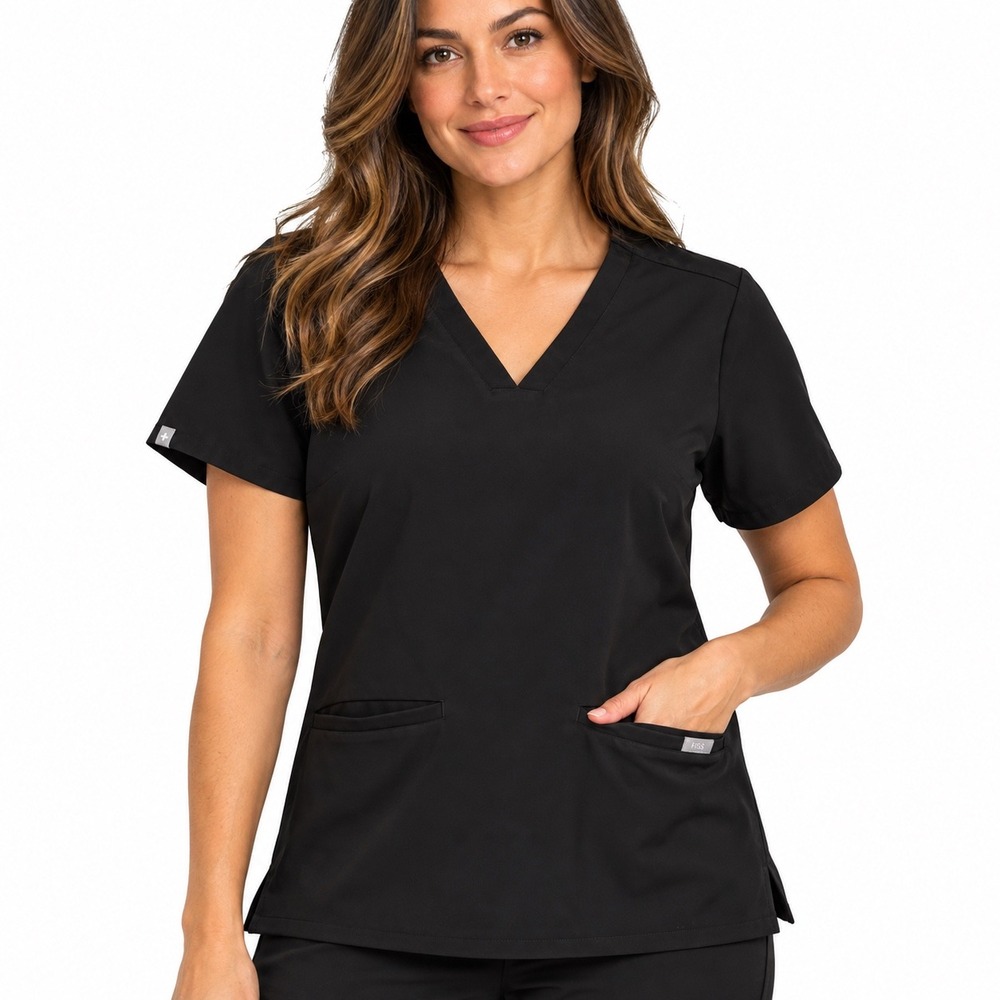 FIGS Technical Collection Black V-Neck Scrub Top Womens Large Short Sleeve